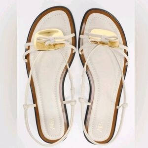 Zara Womens Sz 6.5 Flat Sandals Ivory with gold accents NWT